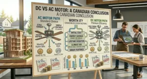 Illustration demonstrating winter heat recirculation efficiency comparing DC motor vs AC motor ceiling fans for Canadian winter savings.