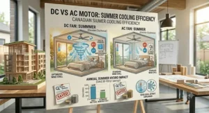 A visual breakdown comparing DC motor vs AC motor ceiling fan energy consumption and hydro costs for Canadian households.