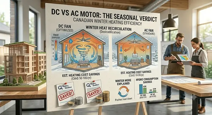 Professionals reviewing a project plan on the benefits of choosing between a DC motor vs AC motor ceiling fan in Canadian homes.