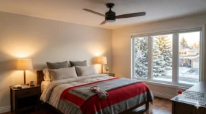 Illustration of a sleek black ceiling fan for a room with an 8-foot ceiling installed safely above a bed in a Canadian home.