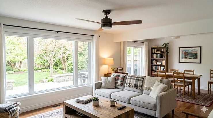 A flush-mount white ceiling fan for a room with an 8-foot ceiling in a modern Canadian living room with cozy, neutral decor.