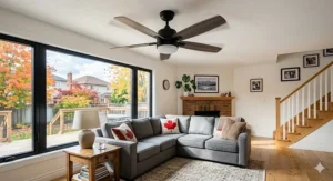 A photorealistic 4K technical illustration and DIY guide for safely wiring a budget ceiling fan in Canada, featuring standard color-coded wires, a CSA-approved junction box, and bilingual EN/FR safety checklists.