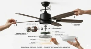 A high-resolution 4K photorealistic illustration showing a detailed dimensions guide for a modern matte black budget ceiling fan, specifying flush-mount measurements and safety clearances for low Canadian ceilings and basement renovations.