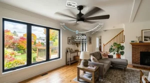 A detailed photorealistic 4K internal schematic diagram illustrating the copper-wound DC motor and integrated LED array components of an affordable matte black budget ceiling fan, with bilingual EN/FR technical labels.
