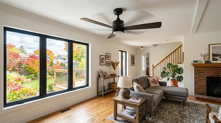 A photorealistic 4K image of a modern matte black budget ceiling fan under 200 CAD installed in a bright, naturally lit Canadian living room featuring an autumn view through large windows. budget ceiling fan under $200
