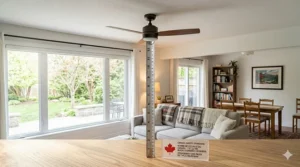 Measurement guide showing the required 7-foot blade clearance when installing a ceiling fan for a room with an 8-foot ceiling.