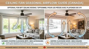 Illustration of seasonal airflow directions for a ceiling fan for a room with an 8-foot ceiling during Canadian summers and winters.
