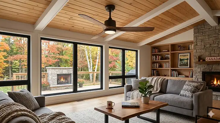 Modern energy-efficient DC motor ceiling fan spinning in a contemporary Canadian living room with large windows.