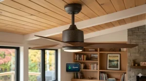 Graphic showing how a DC motor ceiling fan reduces home energy consumption and lowers monthly hydro bills for Canadian homeowners.