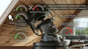 Sound level graphic comparing the near-silent operation of a brushless DC motor fan to a standard AC motor ceiling fan, ideal for bedroom cathedral ceilings.