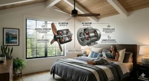 Diagram illustrating the internal components of a silent DC motor ceiling fan for master bedroom cooling.