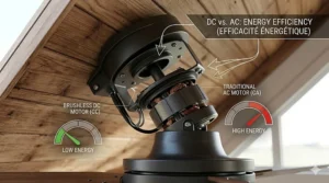Comparison infographic charting the power consumption of an AC motor vs a DC motor ceiling fan, demonstrating up to 70% energy savings on monthly Canadian hydro utility bills.