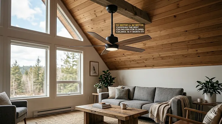Modern DC motor ceiling fan running silently on a steep wooden vaulted ceiling in a Canadian living room, illustrative text overlay highlighting energy efficiency for sloped ceiling installations.
