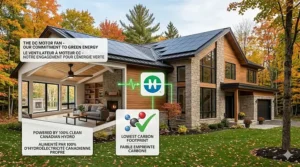Eco-friendly Canadian home concept highlighting the sustainable benefits of installing a low-wattage DC motor ceiling fan.