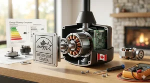 Technical illustration of an efficient, Energy Star certified DC motor ceiling fan mechanism approved for Canadian homes.