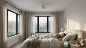 A rustic wood-blade flush mount ceiling fan design, popular in Canadian farmhouse-style interior decor.