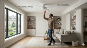 Diagram explaining dual-direction airflow for a flush mount ceiling fan to improve energy efficiency during Canadian winters and summers.