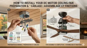 Step-by-step DIY installation diagram for mounting a lightweight DC motor ceiling fan safely.
