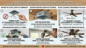 Bilingual installation checklist infographic for mounting a ceiling fan for a room with an 8-foot ceiling safely.