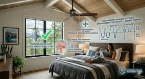 Icons representing the benefits of using the quietest ceiling fan for deep sleep and relaxation in a bedroom.