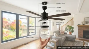 A high-detail photorealistic illustration showing the strong downdraft vortex airflow pattern of an affordable matte black ceiling fan, visualizing performance for Canadian homes.
