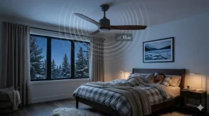 Illustration of a whisper-quiet DC motor ceiling fan operating silently in a Canadian bedroom for undisturbed sleep.