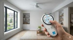 Illustration of a quiet flush mount ceiling fan in a cozy Canadian bedroom setting, emphasizing silent motor technology.