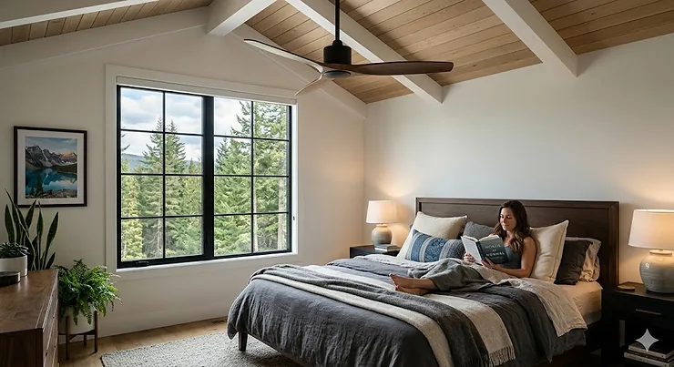 A sleek, matte black modern ceiling fan installed in a contemporary Canadian master bedroom with soft morning light. quietest ceiling fan for master bedroom