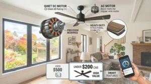 A photorealistic technical illustration visualizing the reversible winter heating mode function of an affordable budget ceiling fan in a Canadian living room, explaining how to redistribute heat to save on utility bills.