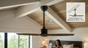 Technical illustration of a quiet ceiling fan mount compatible with sloped or vaulted master bedroom ceilings.