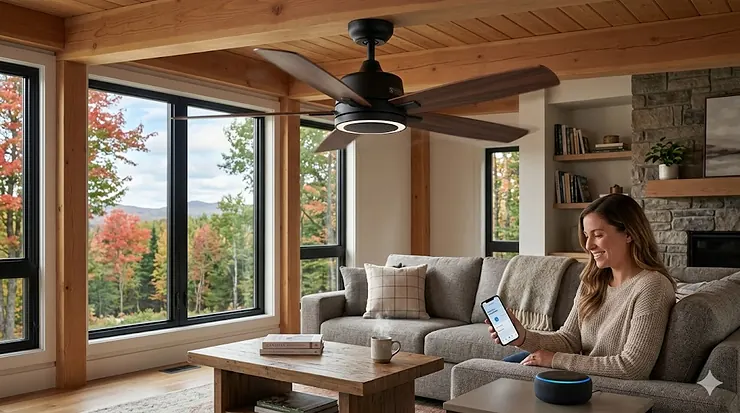 Modern smart ceiling fan Alexa compatible running in a cozy Canadian living room with a view of maple trees through the window.