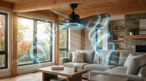 Vector art of a sleek smart ceiling fan creating a cool downward breeze in a sunlit room during a hot Canadian summer.