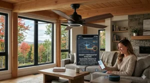 A diagram illustrating a smart ceiling fan Alexa compatible communicating with a home thermostat to optimize energy savings.