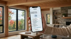 Illustration of a smartphone screen displaying a smart ceiling fan setup compatible with Alexa, featuring English and French text options for Canadian users.