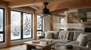 Graphic showing a smart ceiling fan Alexa compatible running in reverse clockwise direction to push warm air down during a Canadian winter.