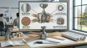 Style illustration displaying a 4 blade ceiling fan in popular finishes like matte black, brushed nickel, and walnut wood.