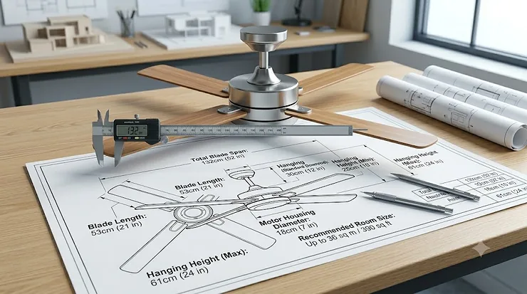 Sizing guide diagram for a 4 blade ceiling fan showing blade span measurements in inches and centimeters for Canadian room sizes.