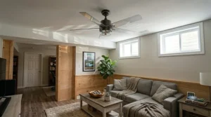 Illustration showing airflow circulation from a ceiling fan for high humidity basement spaces to reduce dampness and musty odors.