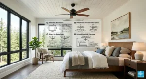A size guide chart illustrating the correct blade span for a ceiling fan for a primary bedroom based on room dimensions (ft² and m²).