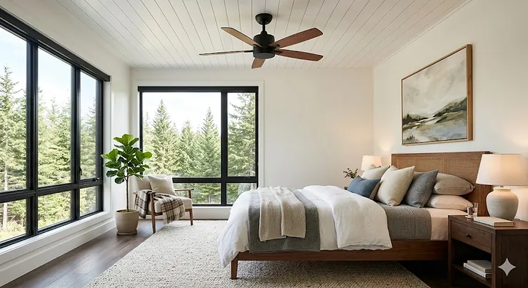 A photorealistic modern ceiling fan for a primary bedroom, featuring a black motor and wooden blades, spinning in a sun-drenched, cozy Canadian home.
