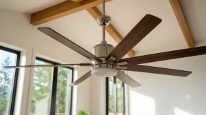 A photorealistic close-up view highlights the rich grain of walnut wood blades attached to a sleek brushed nickel motor housing on a 6-blade ceiling fan. (Illustration 2)