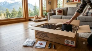 Unboxing a new cULus-certified ceiling fan in Canada, checking parts to ensure the ceiling fan won't wobble after mounting.
