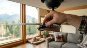 A plastic balancing kit clip attached to a blade, troubleshooting the mechanism so the ceiling fan won't wobble.