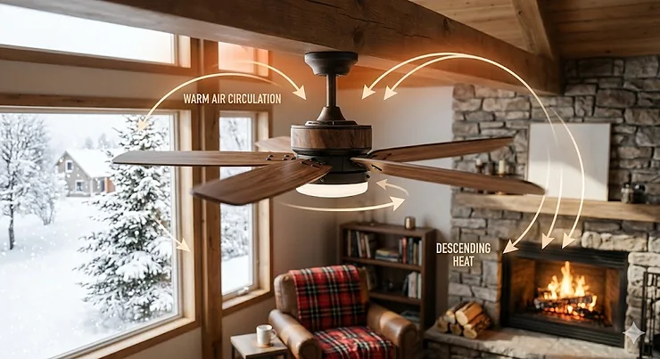 A cozy Canadian living room in winter with snow visible outside the window and a modern ceiling fan circulating warm air.