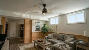 Illustration demonstrating seasonal clock-wise and counter-clockwise settings for a ceiling fan for high humidity basement comfort year-round.