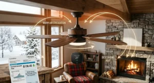 Diagram showing a ceiling fan running clockwise in winter to push trapped heat down in a Canadian home.