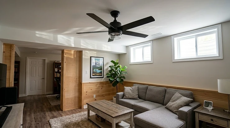 A modern rust-resistant ceiling fan installed in a finished Canadian basement living room, optimizing airflow to prevent moisture buildup.