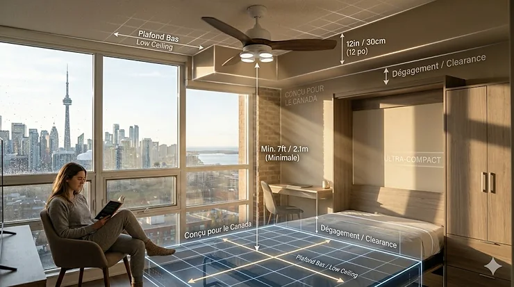 Compact ceiling fan for bedroom installed in a modern Toronto condo with a view of the CN Tower and classic Canadian decor.