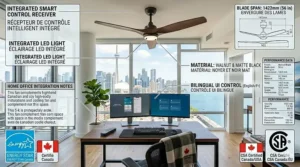 Compact white 3 blade ceiling fan providing ventilation in a modern Canadian home office setup.