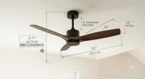 Illustration of a convertible ceiling fan downrod installation on a high ceiling, ensuring proper airflow clearance for spacious home layouts.